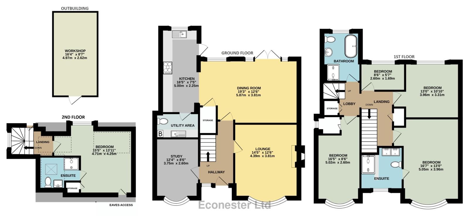Three-storey floor plan with workshop outbuilding and en-suite bedrooms