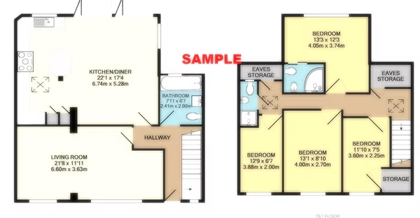 Detailed ground and first floor plan with room dimensions