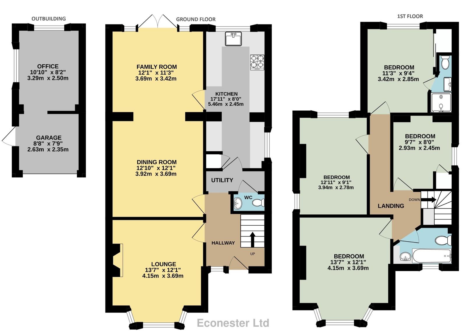 Ground and first floor plan with outbuilding, office and garage
