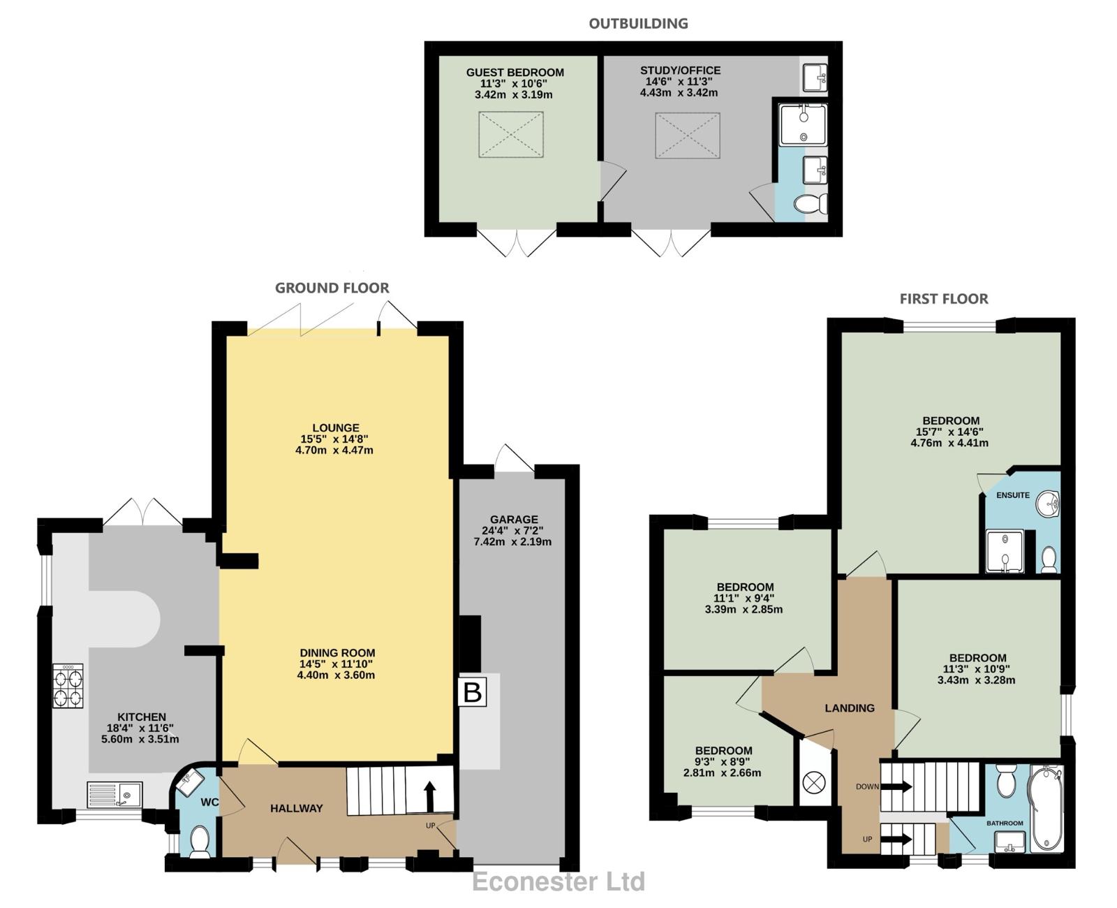Ground floor, first floor and outbuilding plan with guest bedroom and study
