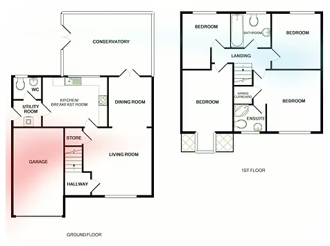 Ground and first floor plan with conservatory and garage