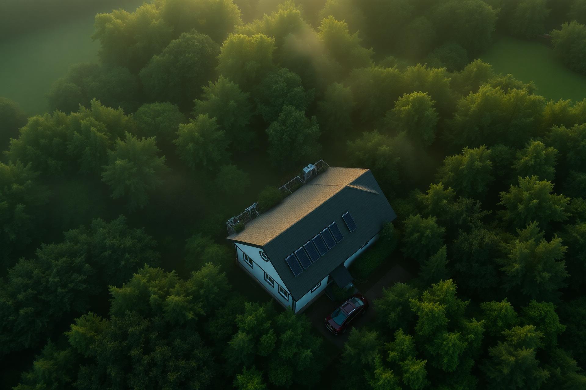 Eco-friendly home surrounded by lush green forest at sunrise